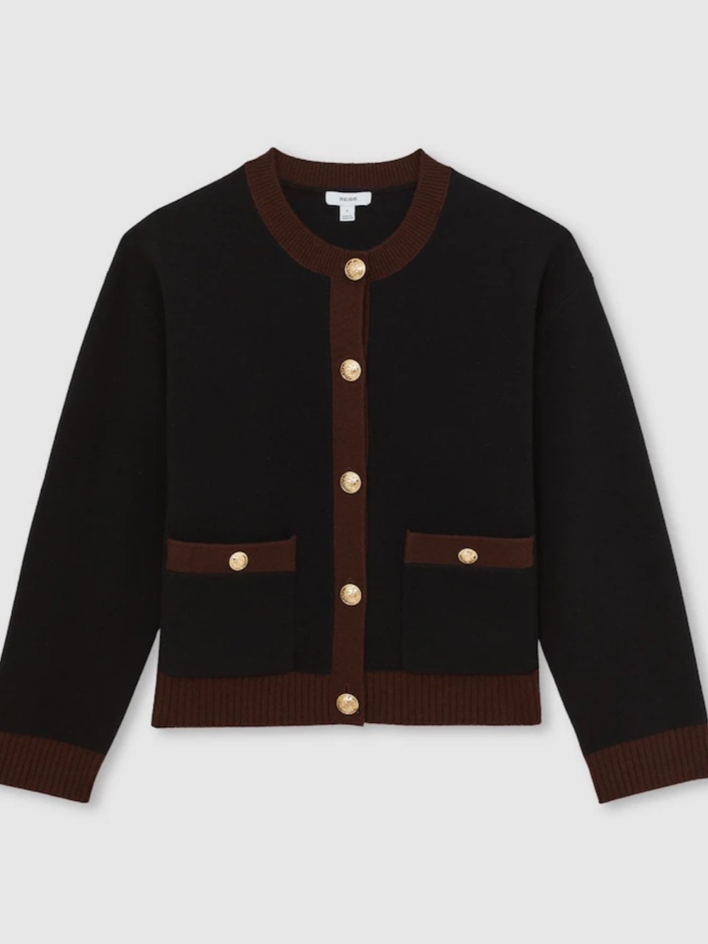 Reiss Olive Tipped Crewneck Wool And Cashmere Cardigan Black Burgundy - Picture 5 of 9